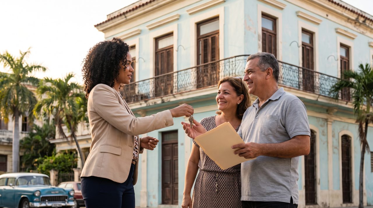 A real estate agent hands over the keys and documentation of a property to a couple on a street in La Habana