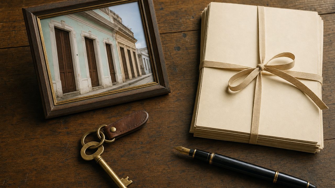 A house key, a ribbon-tied stack of blank legal paper and a fountain pen on a wooden desk, beside a framed photo of a Cuban colonial house