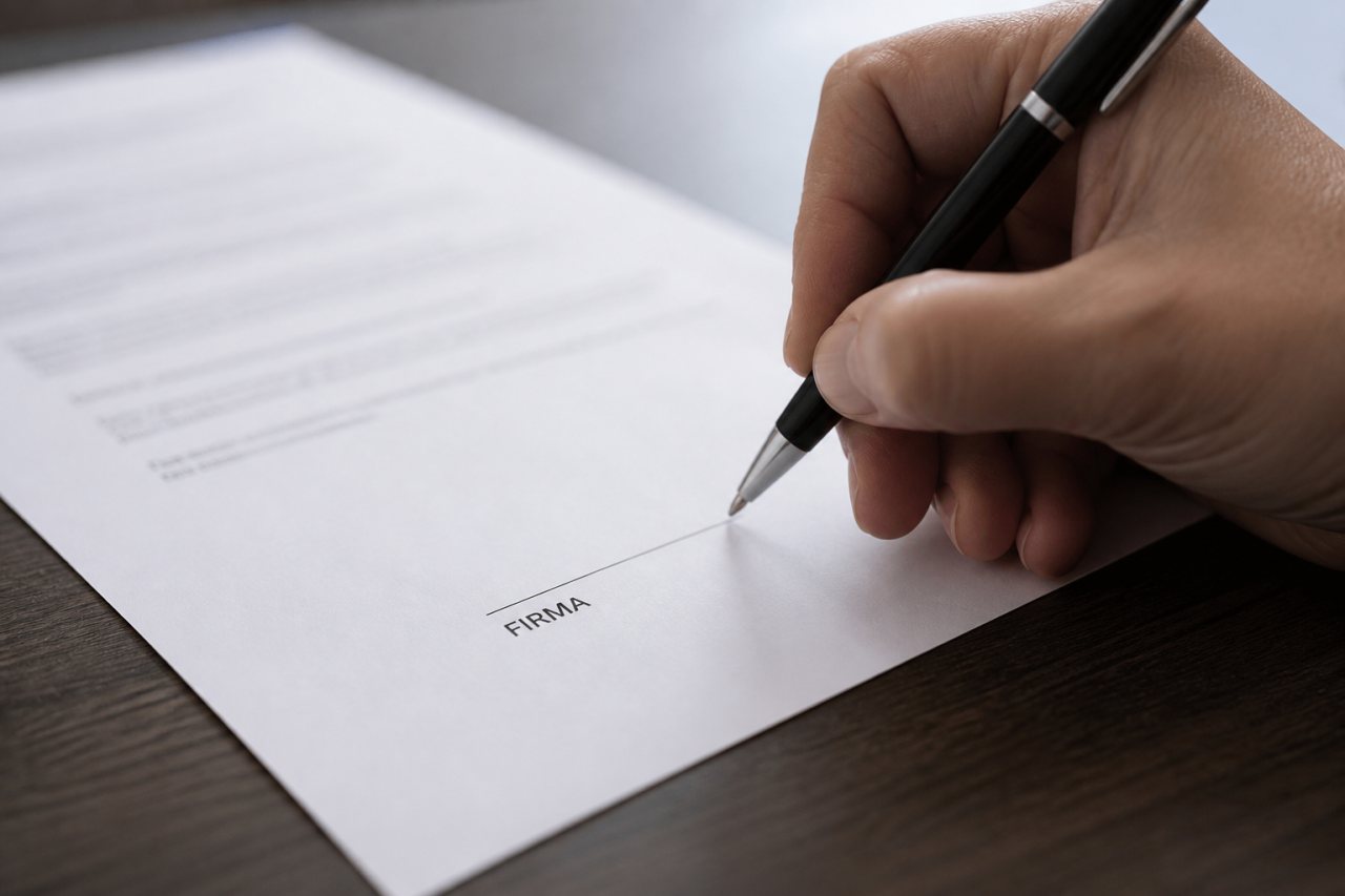 Persona preparada para firmar un documento con la palabra Firma en español