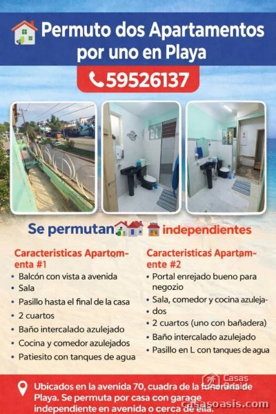 Apartamento de 2 habitaciones en permuta en Playa, La Habana